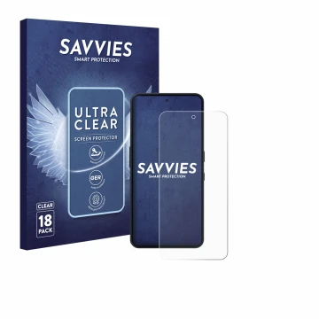 Vorderseite einer Produktverpackung mit dem Markenlogo Savvies. Daneben ist das Gerät Nothing Phone (3a) Lite mit dem zugehöri