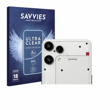 Vorderseite einer Produktverpackung mit dem Markenlogo Savvies. Daneben ist das Gerät Nothing Phone (3a) Lite (NUR Kameraschut