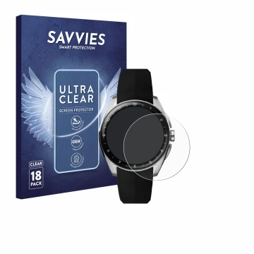 Vorderseite einer Produktverpackung mit dem Markenlogo Savvies. Daneben ist das Gerät TAG Heuer Connected Calibre E5 (40 mm) m