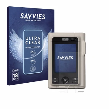 Vorderseite einer Produktverpackung mit dem Markenlogo Savvies. Daneben ist das Gerät Fujifilm Instax Mini LiPlay Plus mit dem