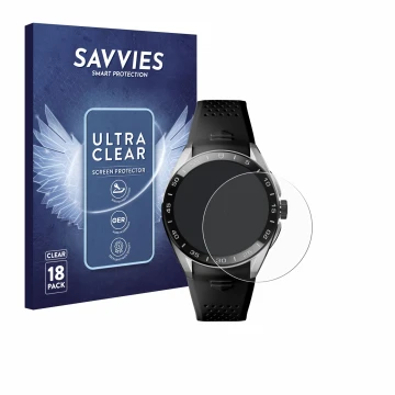 Vorderseite einer Produktverpackung mit dem Markenlogo Savvies. Daneben ist das Gerät TAG Heuer Connected Calibre E5 (45 mm) m