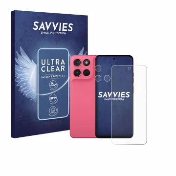 Vorderseite einer Produktverpackung mit dem Markenlogo Savvies. Daneben ist das Gerät Motorola Moto G57 Power (Display+Kamera)