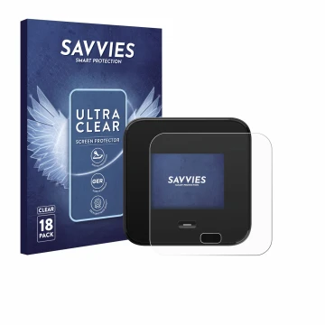 Vorderseite einer Produktverpackung mit dem Markenlogo Savvies. Daneben ist das Gerät Netgear Nighthawk M7 Pro mit dem zugehör