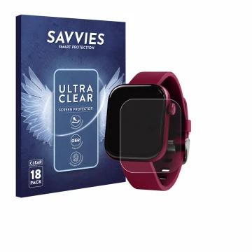 Vorderseite einer Produktverpackung mit dem Markenlogo Savvies. Daneben ist das Gerät Reflex Active Berry AMOLED 1.85