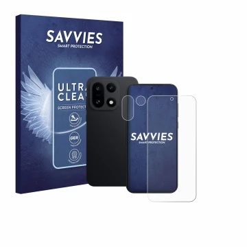 Vorderseite einer Produktverpackung mit dem Markenlogo Savvies. Daneben ist das Gerät OnePlus 15 (Display+Kamera) mit dem zuge