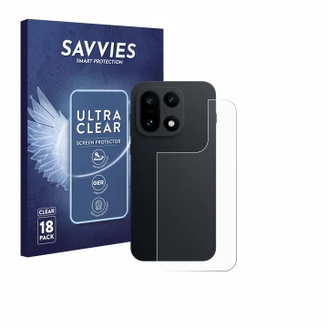 Vorderseite einer Produktverpackung mit dem Markenlogo Savvies. Daneben ist das Gerät OnePlus 15 (Rückseite) mit dem zugehörig