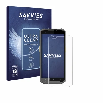 Vorderseite einer Produktverpackung mit dem Markenlogo Savvies. Daneben ist das Gerät Newland MT93 mit dem zugehörigen Display