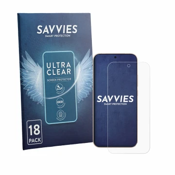Vorderseite einer Produktverpackung mit dem Markenlogo Savvies. Daneben ist das Gerät Oppo Reno 15 Pro mit dem zugehörigen Dis