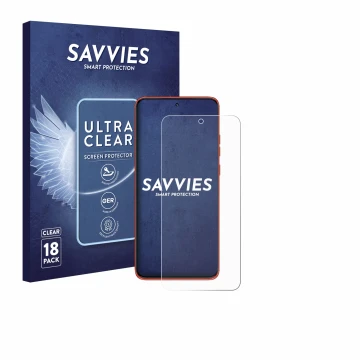 Vorderseite einer Produktverpackung mit dem Markenlogo Savvies. Daneben ist das Gerät Motorola Edge 60 Neo mit dem zugehörigen