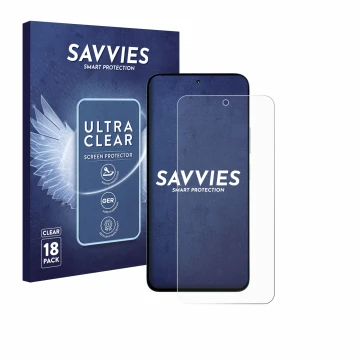 Vorderseite einer Produktverpackung mit dem Markenlogo Savvies. Daneben ist das Gerät Xiaomi Poco M7 Plus mit dem zugehörigen 