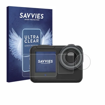 Vorderseite einer Produktverpackung mit dem Markenlogo Savvies. Daneben ist das Gerät SVBONY SVGO3 4K mit dem zugehörigen Disp