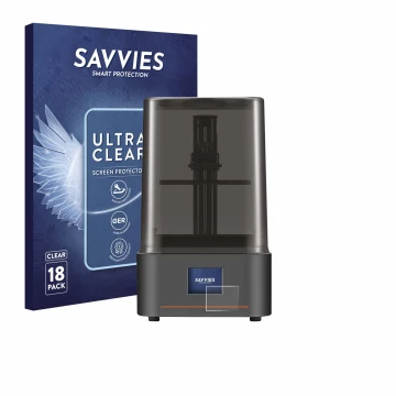 Vorderseite einer Produktverpackung mit dem Markenlogo Savvies. Daneben ist das Gerät Anycubic Photon Mono 4 mit dem zugehörig
