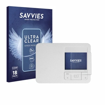 Vorderseite einer Produktverpackung mit dem Markenlogo Savvies. Daneben ist das Gerät Canon Selphy CP1500 Mini mit dem zugehör