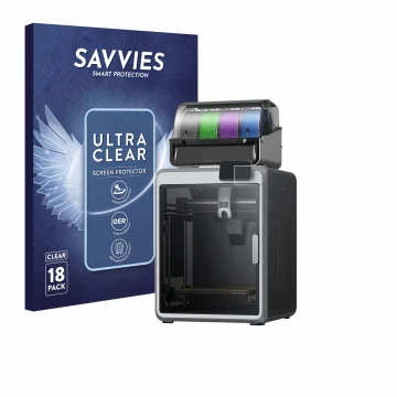 Vorderseite einer Produktverpackung mit dem Markenlogo Savvies. Daneben ist das Gerät Creality K2 mit dem zugehörigen Displays