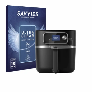 Vorderseite einer Produktverpackung mit dem Markenlogo Savvies. Daneben ist das Gerät Philips Airfryer HD9880/90 mit dem zugeh