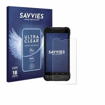 Vorderseite einer Produktverpackung mit dem Markenlogo Savvies. Daneben ist das Gerät Zebra Xplore M60 mit dem zugehörigen Dis