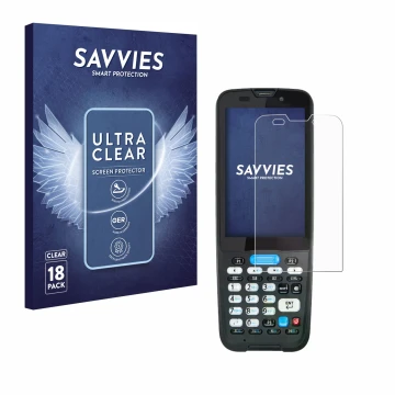 Vorderseite einer Produktverpackung mit dem Markenlogo Savvies. Daneben ist das Gerät Unitech HT330 mit dem zugehörigen Displa