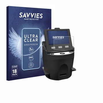 Vorderseite einer Produktverpackung mit dem Markenlogo Savvies. Daneben ist das Gerät Kodak SCANZA mit dem zugehörigen Display