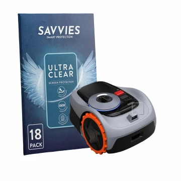 Vorderseite einer Produktverpackung mit dem Markenlogo Savvies. Daneben ist das Gerät Navimow i105E+ mit dem zugehörigen Displ