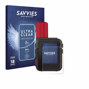 Vorderseite einer Produktverpackung mit dem Markenlogo Savvies. Daneben ist das Gerät Garmin inReach Mini 3 Plus mit dem zugeh