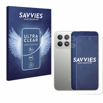 Vorderseite einer Produktverpackung mit dem Markenlogo Savvies. Daneben ist das Gerät Xiaomi Poco F8 Pro (Display+Kamera) mit 