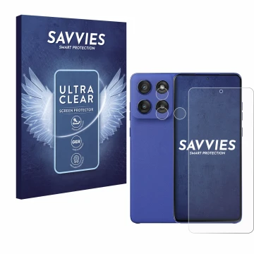 Vorderseite einer Produktverpackung mit dem Markenlogo Savvies. Daneben ist das Gerät Motorola Edge 60 Stylus (Display+Kamera)