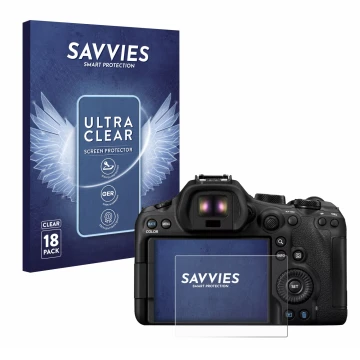 Vorderseite einer Produktverpackung mit dem Markenlogo Savvies. Daneben ist das Gerät Canon EOS R6 Mark III mit dem zugehörige