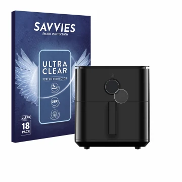 Vorderseite einer Produktverpackung mit dem Markenlogo Savvies. Daneben ist das Gerät Xiaomi Air Fryer 6.5 L mit dem zugehörig