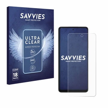 Vorderseite einer Produktverpackung mit dem Markenlogo Savvies. Daneben ist das Gerät Oppo A5x mit dem zugehörigen Displayschu