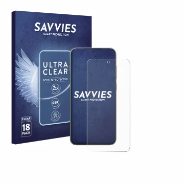 Vorderseite einer Produktverpackung mit dem Markenlogo Savvies. Daneben ist das Gerät OnePlus 13T mit dem zugehörigen Displays