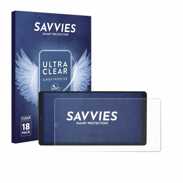 Vorderseite einer Produktverpackung mit dem Markenlogo Savvies. Daneben ist das Gerät Shelly Wall Display X2 mit dem zugehörig