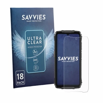 Vorderseite einer Produktverpackung mit dem Markenlogo Savvies. Daneben ist das Gerät Ulefone RugKing 4 Pro mit dem zugehörige