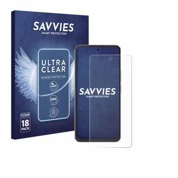 Vorderseite einer Produktverpackung mit dem Markenlogo Savvies. Daneben ist das Gerät Cubot Note 60 mit dem zugehörigen Displa