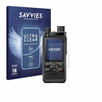 Vorderseite einer Produktverpackung mit dem Markenlogo Savvies. Daneben ist das Gerät Hytera P50 mit dem zugehörigen Displaysc