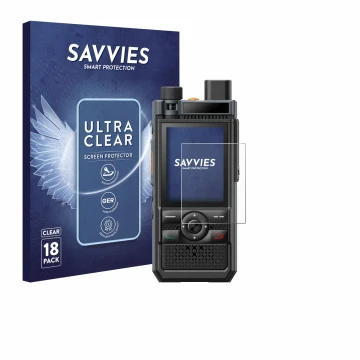 Vorderseite einer Produktverpackung mit dem Markenlogo Savvies. Daneben ist das Gerät Hytera P50 Pro mit dem zugehörigen Displ