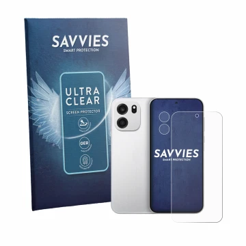 Vorderseite einer Produktverpackung mit dem Markenlogo Savvies. Daneben ist das Gerät OnePlus Turbo 6V (Display+Kamera) mit de