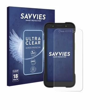 Vorderseite einer Produktverpackung mit dem Markenlogo Savvies. Daneben ist das Gerät Zebra TC701 mit dem zugehörigen Displays