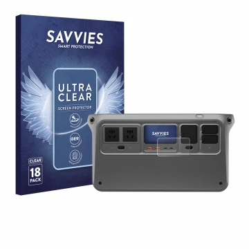 Vorderseite einer Produktverpackung mit dem Markenlogo Savvies. Daneben ist das Gerät DJI Power 1000 mit dem zugehörigen Displ