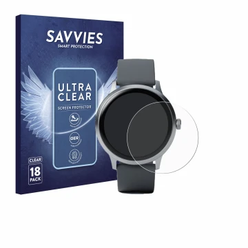 Vorderseite einer Produktverpackung mit dem Markenlogo Savvies. Daneben ist das Gerät Pebble Round 2 mit dem zugehörigen Displ