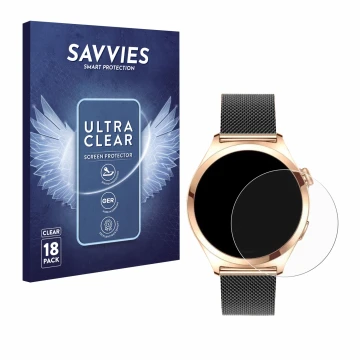 Vorderseite einer Produktverpackung mit dem Markenlogo Savvies. Daneben ist das Gerät Niolina Smartwatch 1.27