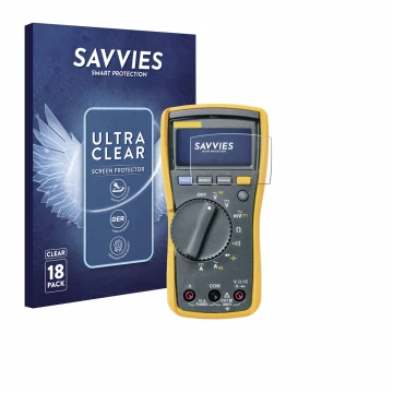 Vorderseite einer Produktverpackung mit dem Markenlogo Savvies. Daneben ist das Gerät Fluke MultiMeter 113 mit dem zugehörigen