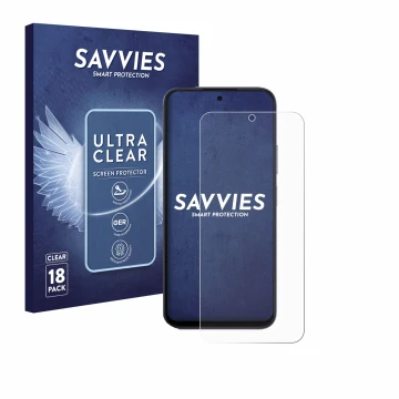 Vorderseite einer Produktverpackung mit dem Markenlogo Savvies. Daneben ist das Gerät Oppo A6x 4G mit dem zugehörigen Displays