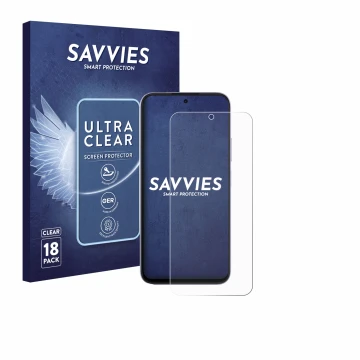 Vorderseite einer Produktverpackung mit dem Markenlogo Savvies. Daneben ist das Gerät Oppo A6x 5G mit dem zugehörigen Displays