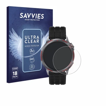 Vorderseite einer Produktverpackung mit dem Markenlogo Savvies. Daneben ist das Gerät Huawei Watch GT Runner 2 mit dem zugehör