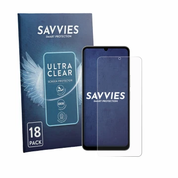 Vorderseite einer Produktverpackung mit dem Markenlogo Savvies. Daneben ist das Gerät Vivo Y11 2026 mit dem zugehörigen Displa