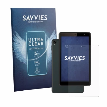 Vorderseite einer Produktverpackung mit dem Markenlogo Savvies. Daneben ist das Gerät Logicom Tab 80 8