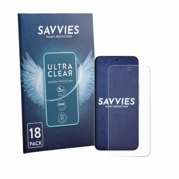 Vorderseite einer Produktverpackung mit dem Markenlogo Savvies. Daneben ist das Gerät Oppo K15 Pro Plus mit dem zugehörigen Di
