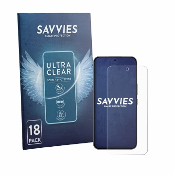 Vorderseite einer Produktverpackung mit dem Markenlogo Savvies. Daneben ist das Gerät Oppo K15 Pro mit dem zugehörigen Display