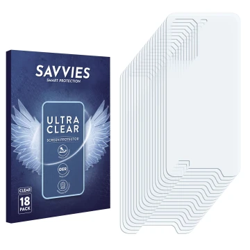 Vorderseite einer Produktverpackung mit dem Markenlogo Savvies. Daneben ist der zugehörige Displayschutz.