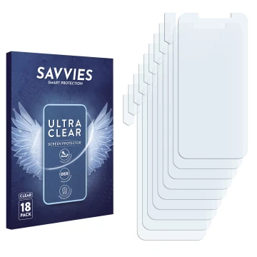 Vorderseite einer Produktverpackung mit dem Markenlogo Savvies. Daneben ist der zugehörige Displayschutz.